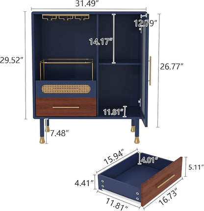 ARTPOWER Modern Coffee Bar Cabinet with Wine Glass Rack and Drawers, Blue Liquor Cabinet with Pull-Out Wine Storage for Kitchen, Dining Room, Living Room