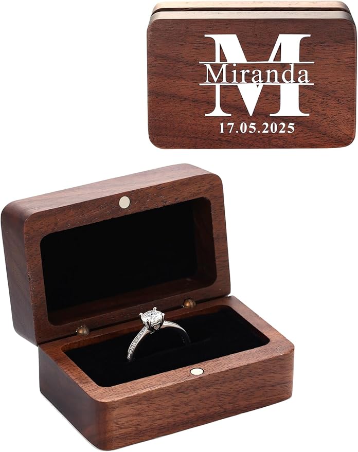 Custom4U Personalized Wooden Ring Box for Proposal Vintage Engagement Ring Bearer Box with Initial Wedding Jewelry Gift for Women