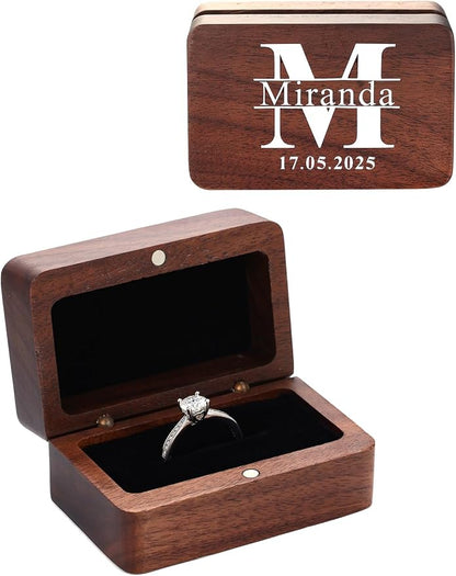 Custom4U Personalized Wooden Ring Box for Proposal Vintage Engagement Ring Bearer Box with Initial Wedding Jewelry Gift for Women