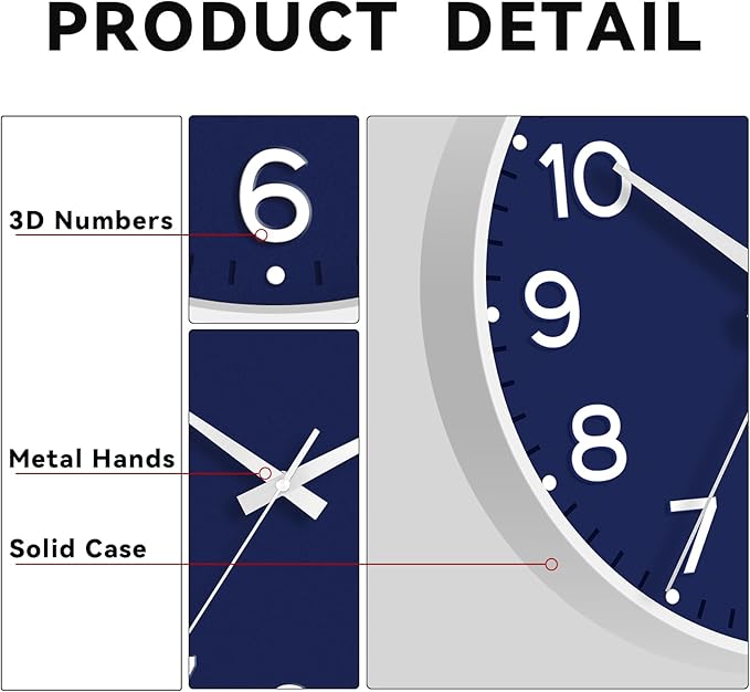 Roymnie Wall Clock, Silent Wall Clocks Battery Operated 8 Inch-Modern Non Ticking Analog Clock Decorative for Kitchen Office Bathroom Bedroom(Navy Blue)