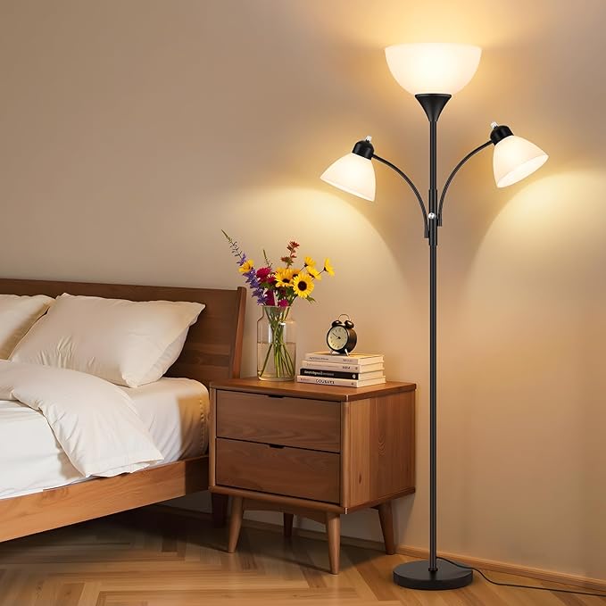 Floor Lamp for Living Room,72" Dimmable Torchiere Lamp with 2 Reading Lights for Bedroom, Black Tall Standing Room Lamp, 3 Bulbs Included