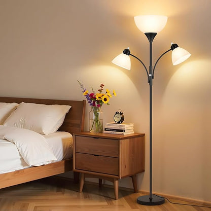Floor Lamp for Living Room,72" Dimmable Torchiere Lamp with 2 Reading Lights for Bedroom, Black Tall Standing Room Lamp, 3 Bulbs Included