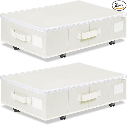 Vincona Under Bed Storage with Wheels, Rolling Under Bed Storage Containers with Label Holders for Clothes, Shoes and Blankets, Underbed Storage Organizer with Cover, 2 Pack Beige (23.6x15.7x7.28 in)