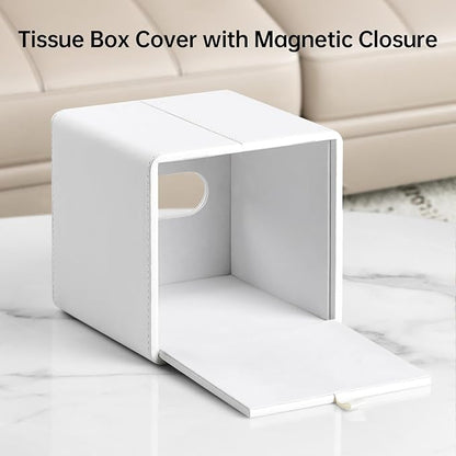 MEIBOOCH PU Leather Tissue Box Cover Square Tissue Box Holder with Magnetic Closure (White)