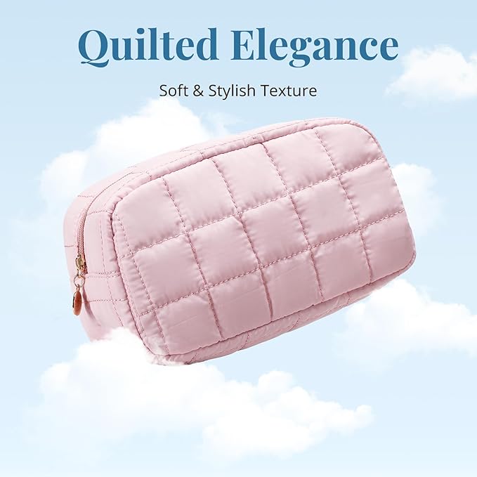Makeup Bag for Women, Travel Cosmetic Bag Organizer with Compartments, Quilted Puffy Toiletry Pouch for Brushes, Essentials and Accessories, Pink