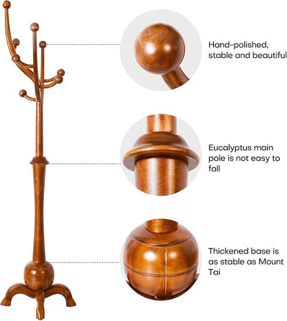 Coat Rack Freestanding Wood Tree Rack with 8 Hooks, Creative Design Tree Branch-look, Coat Tree Clothes Hanger Stand with Stable Sphere Base for Entryway, Hallway, Bedroom - Load 160lbs (Light Brown)