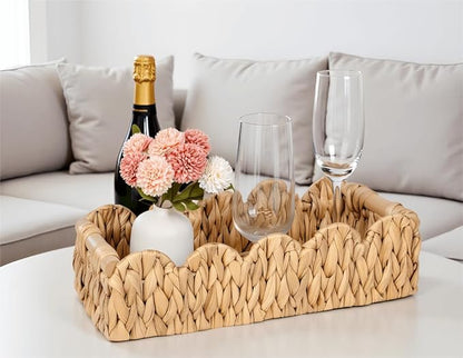 Decorative Toilet Paper Storage Basket, 2 SAME SIZES Modern Farmhouse Home Decor Scalloped Basket for Organizing, Pantry Baskets for Shelves, Living Room, w/Wood Handles, Natural