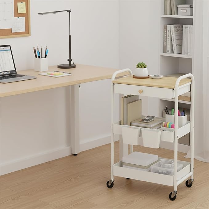danpinera 3 Tier Rolling Cart with Wooden Table Top, White Rolling Utility Cart with Drawer & Locked Wheels, Easy Assembly for Nursery, Living Room, Studio