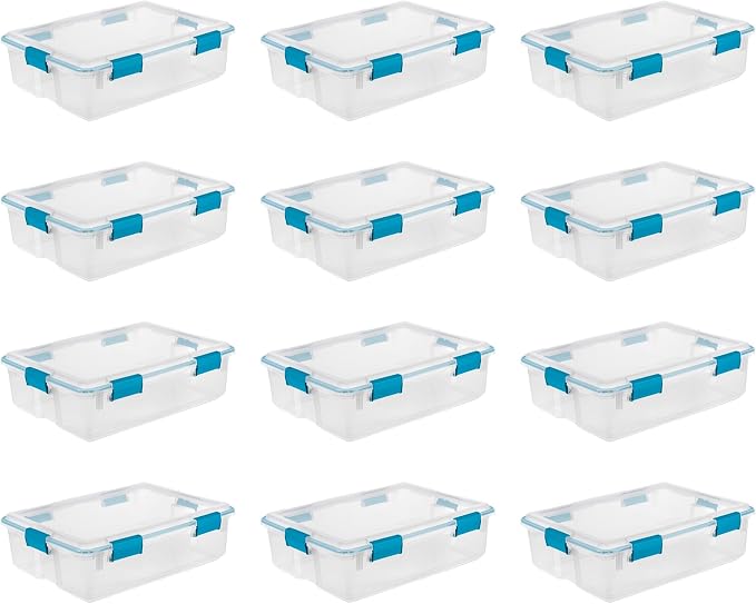 Sterilite 12-Pack Gasket Box, Weather-Resistant Storage Bins with Latching Lids, 37 Quart - Heavy-Duty Organizing Containers for Closet, Bathroom, and Office