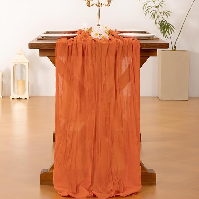 Socomi Orange Valentine's Day Cheesecloth Table Runner Boho Rustic Gauze 120 inch 10FT Cheese Cloth Runner for Wedding Party Baby Shower Birthday Home Decor Holiday Decorations