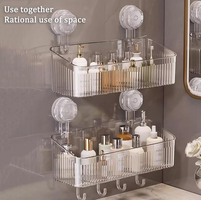 No-Drill Bathroom Storage Suction Cup Storage Box, Removable, Freely Adjustable Vacuum Suction Cup Storage Box, Large Capacity & Strong Load-Bearing, Hanging Shower Organizer (Transparent Gray)
