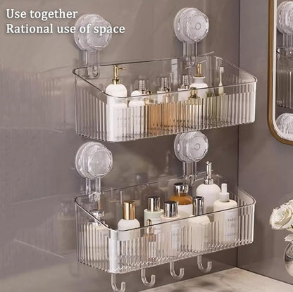 No-Drill Bathroom Storage Suction Cup Storage Box, Removable, Freely Adjustable Vacuum Suction Cup Storage Box, Large Capacity & Strong Load-Bearing, Hanging Shower Organizer (Transparent Gray)