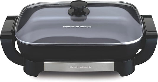 Hamilton Beach Electric Skillet with PFAS-Free Durathon Ceramic Coating, Removable 12x15” Pan, Adjustable Temperature, Reversible Design, Tempered Glass Lid, Black Nonstick Surface (38531)