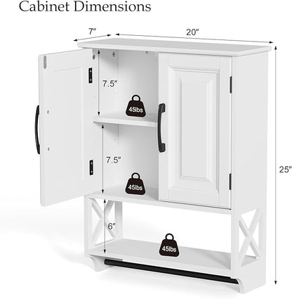 Farmhouse Bathroom Wall Cabinet with Tower Bar, 20"x25" Wall Storage Cabinet with Barn Doors & 3 Point Adjustable Shelf, 3-Tier Wall Mounted Medicine Cabinet for Bathroom Kitchen Living Room