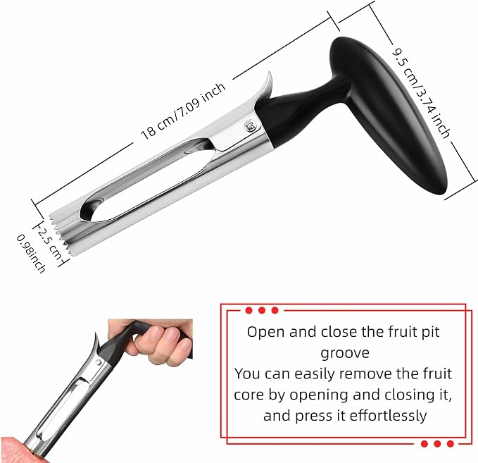 Premium Stainless Steel Apple Corer, Professional Fruit Core Remover Tool with Ergonomic Black Handle, Serrated Blades for Apples, Pears, Peaches, Plums, Easy Use & Clean (Black)