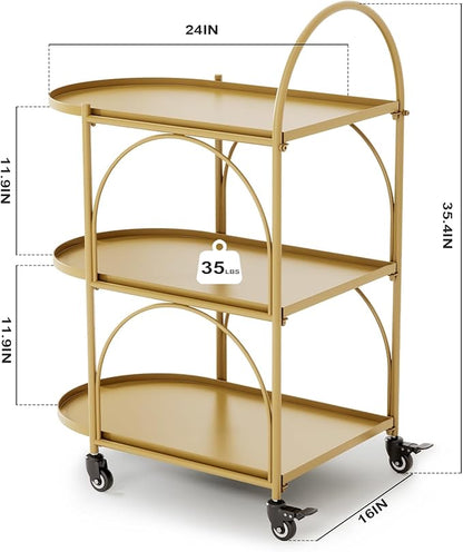 XIV Bar Cart, Metal Serving Cart for Home, Drink Cart, Rolling Beverage Cart with Lockable Wheels, Mobile Rolling Cart for Kitchen and Living Room (Gold)