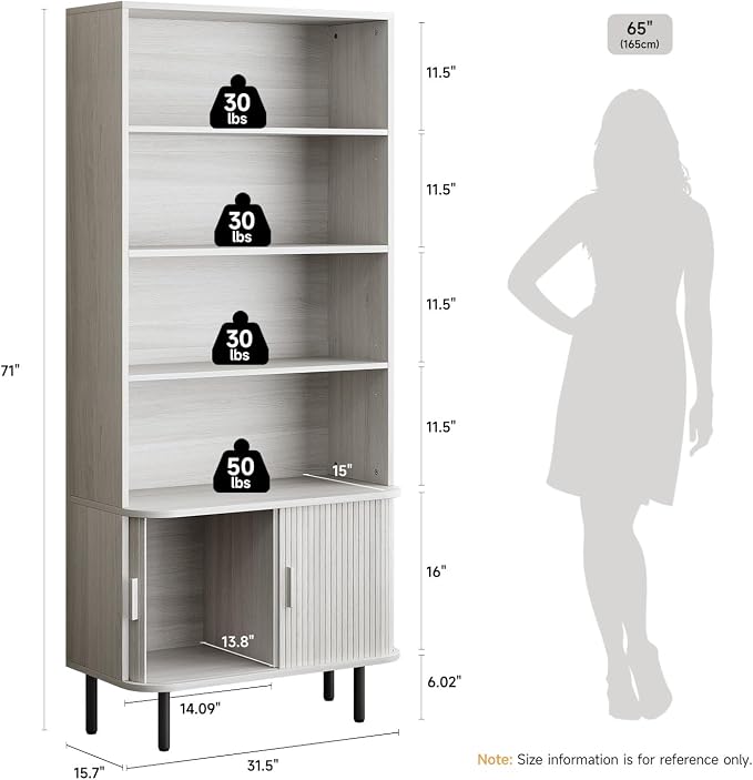 ONBRILL 71" Tall Bookshelf, 4-Tier Bookcase with Storage Cabinet & Adjustable Shelves, Freestanding Wood Bookshelf with Sliding Door and Adjustable Footpad, for Home Office, Living Room, Natural White