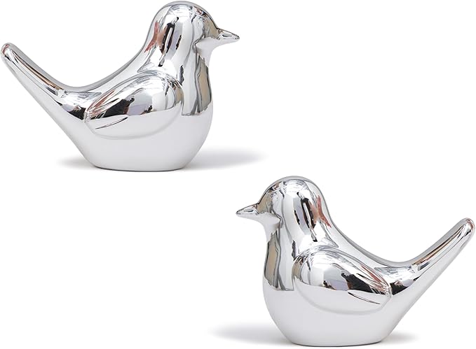 Artconal Small Silver Bird Statue Ceramic 2-Piece Set, 3¾ inch Cute Knick Knack for Home Office Shelf Desk Decor