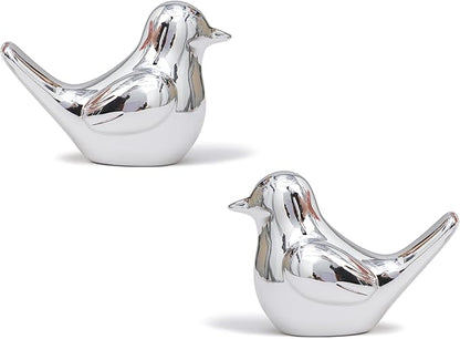 Artconal Small Silver Bird Statue Ceramic 2-Piece Set, 3¾ inch Cute Knick Knack for Home Office Shelf Desk Decor