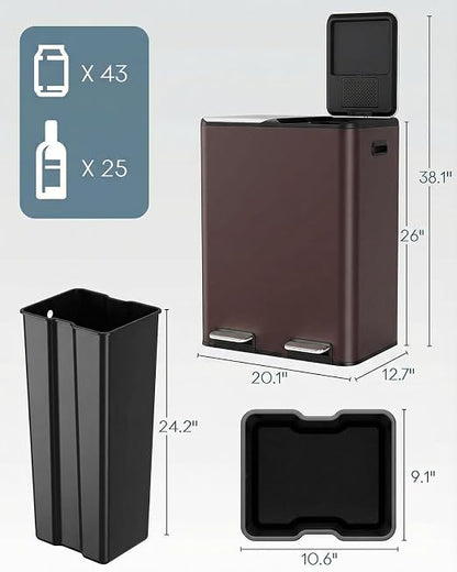 ComfyCorner 16 Gal (2 x 30 L) Dual Trash Can, Stainless Steel Kitchen Garbage Bin, Recycle Dustbin with Odor Control Box, Soft-Close Lid, Inner Buckets, Side Handle, Step Pedal, for Home Office