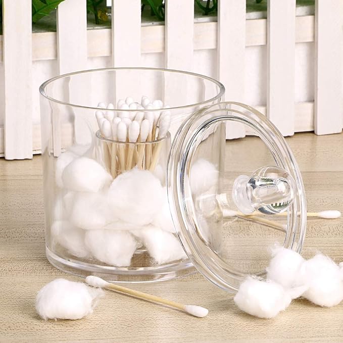 Hipiwe Cotton Ball and Swab Organizer with Lid Apothecary Acrylic Jar Makeup Qtip Organizer Bathroom Storage Canister Jar for Cotton Rounds Pads Q-tips Holder