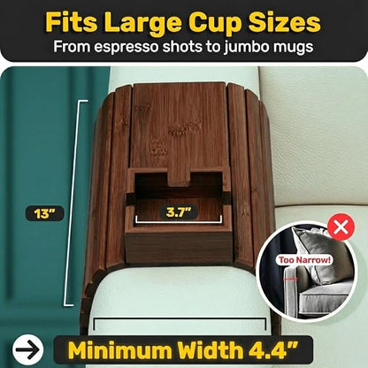 FUN FOREST Bamboo Couch Holder - Non-Slip Furniture Protector, Sofa Armrest Table for Mugs & Tumblers – Weighted 16” Large Brown Bamboo Holder for Recliners and Loveseats