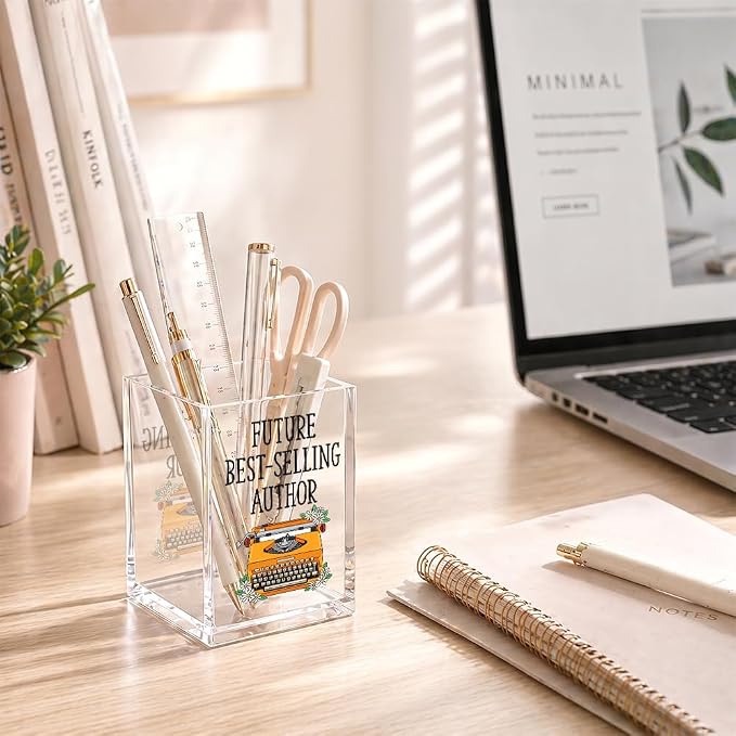 Future Best-Selli Author Acrylic Pencil Holder Cup, Funny Typewriter Pen Holder Desk Organizer, Inspirational Gifts for Writer Author Novelist Book Lover, Home Office Desk Decor Accessories