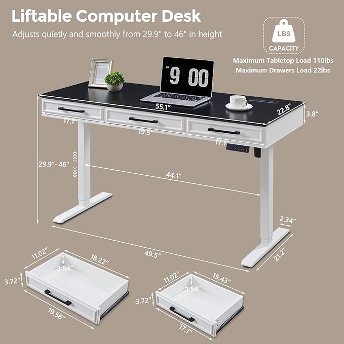Electric Standing Desk with 3 Storage Drawers, 55x22 Inch Adjustable Height Office Computer Desk w/Power Outlets & One-Piece Desktop, Sit to Stand Up,Gaming Table for Home and Study, White