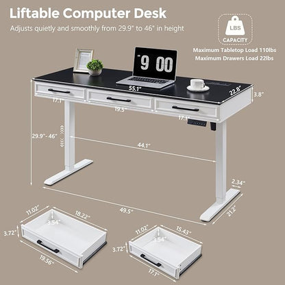 Electric Standing Desk with 3 Storage Drawers, 55x22 Inch Adjustable Height Office Computer Desk w/Power Outlets & One-Piece Desktop, Sit to Stand Up,Gaming Table for Home and Study, White