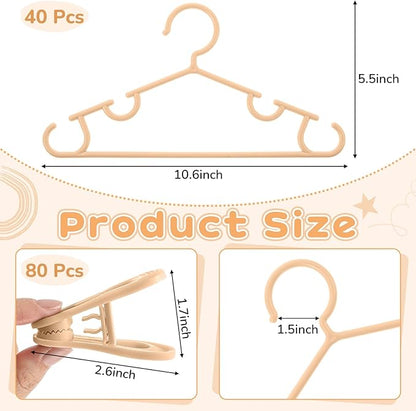 Hsei 5/10/40 Pack Baby Hangers with 10/20/80 Clips, Plastic Kids Pants Hangers for Nursery Closet Top and Bottom Clothes Hanger Set for Newborn Infant Toddler(120 Packs Total,Orange,10.6 Inch)