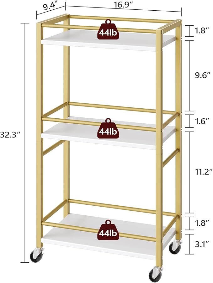 Bar Cart for The Home, 3-Tier Drink Cart on Wheels, Home Bar Serving Cart, Mini Bar Cart for Small Space, Rolling Kitchen Carts for Bar, Kitchen, Dining Room, Gold RCJW4001