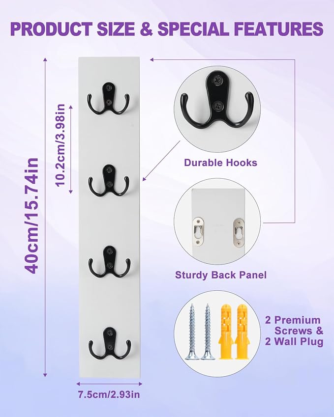 UCEC Vertical Key Holder for Wall with Hooks, Space-Saving Wooden Key Holder Wall Mount Small Organizer for Entryway, Keys, Wallets, and Pet Leashes – White Key Rack for Front Door or Garage Decor