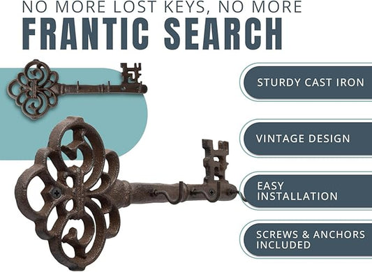Comfify Cast Iron Skeleton Key Holder for Wall - Decorative Farmhouse Rustic Wall Mount Key Organizer - 3 Key Hooks - Vintage Key Rack for Entryway with Screws & Anchors – 10.8 x 4.7 - Brown