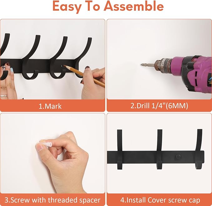 Coat Rack Wall Mount, Coat Hook Wall Mount, Wall Hooks for Hanging, Hat Rack for Walls, Coats Hanger with 10 Hook, Towel Hooks for Bathrooms (1 Pack, Black)