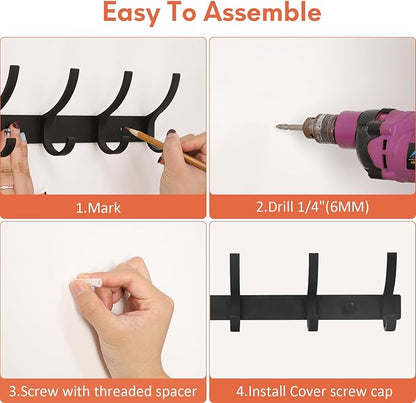 Coat Rack Wall Mount, Coat Hook Wall Mount, Wall Hooks for Hanging, Hat Rack for Walls, Coats Hanger with 10 Hook, Towel Hooks for Bathrooms (1 Pack, Black)