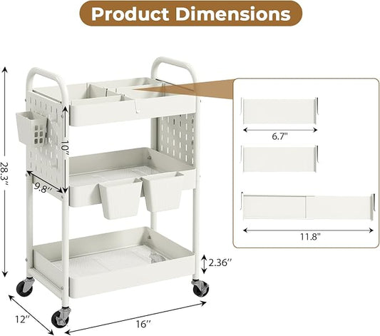 danpinera 3 Tier Rolling Cart with Retractable Dividers, Multi-Functional White Rolling Utility Cart with Pegboards, Hooks & Hanging Cups for Nursery, Living Room, Studio