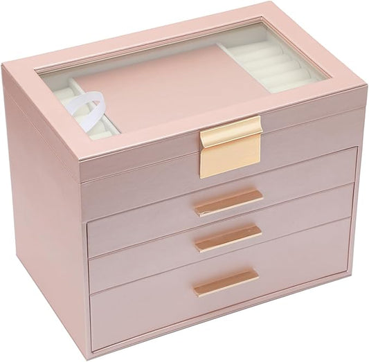 BOOVO Jewelry Boxes for Women, White and Black 6 Layer Large Jewelry Box for Necklace, Bracelet, Earrings, Rings Storage, Jewelry holder Organizer for Girls Gift (Rose gold, 4 layer)