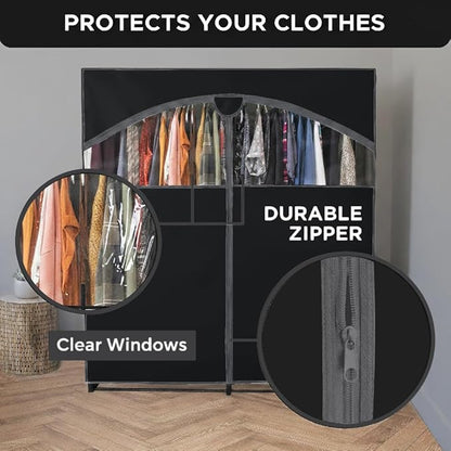 HOLDN’ STORAGE Portable Wardrobe Closet - 65 lb Large Capacity, Internal Heavy Duty Metal Rod, Zipper & Clear Window, Durable Clothes Organizer, Tool-Free Easy Assembly, Black Canvas Cover