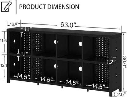 LVB Black Horizontal Bookshelf, Modern Cube Storage Organizer Bookcase, Industrial Wide Long Wood Metal Book Shelf, Farmhouse Low Large Cube Shelf for Office Home Bedroom Living Room, Black Oak, 63 In