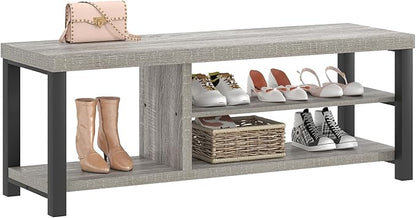 FOLUBAN Storage Bench, Vintage Wood Shoe Bench for Entryway Hallway, Industrial Indoor Shoe Rack Seat for Bedroom, Living Room, Light Grey, 43.3 Inch