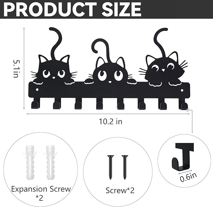 Key Hooks Holder for Wall Mounted with 8 Hooks, Black Cute Cat Key Hanger Rack Wall Decorative for Home, with Mounting Hardware, Dog Leash Holder, Entryway, Hallway, Office Ready to Hang