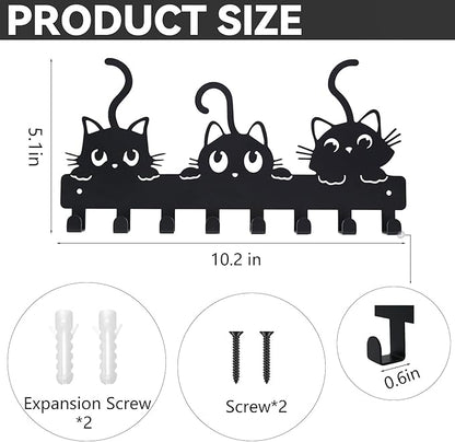 Key Hooks Holder for Wall Mounted with 8 Hooks, Black Cute Cat Key Hanger Rack Wall Decorative for Home, with Mounting Hardware, Dog Leash Holder, Entryway, Hallway, Office Ready to Hang