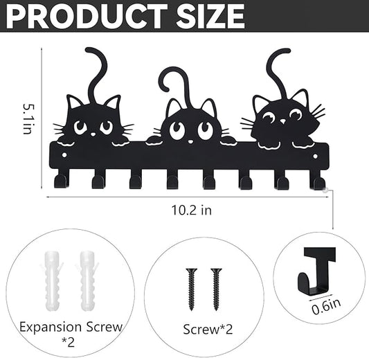 Key Hooks Holder for Wall Mounted with 8 Hooks, Black Cute Cat Key Hanger Rack Wall Decorative for Home, with Mounting Hardware, Dog Leash Holder, Entryway, Hallway, Office Ready to Hang