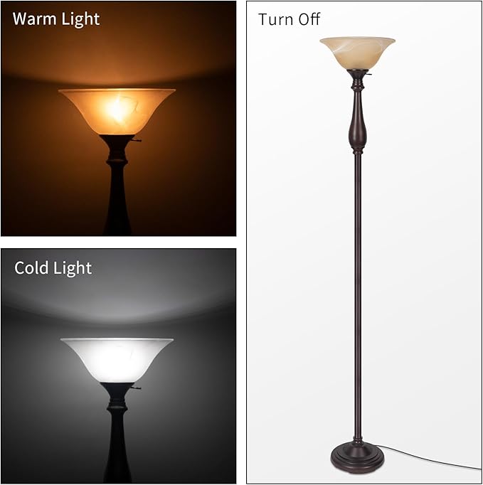 HonoDing Torchiere Floor Lamp for Living Room, Standing Lamp with Glass Shade, Iron Brushed Nickel Floor Lamps, Corner Lamps for Bedroom, Office, Reading (Dark Brown)