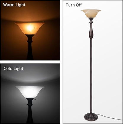 HonoDing Torchiere Floor Lamp for Living Room, Standing Lamp with Glass Shade, Iron Brushed Nickel Floor Lamps, Corner Lamps for Bedroom, Office, Reading (Dark Brown)