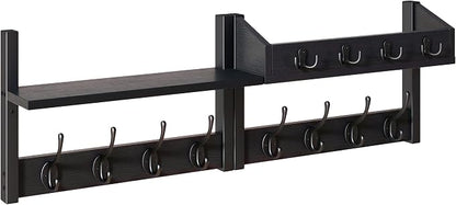 YMYNY 31.5" Coat Rack Wall Mount with Shelf, 4 in 1 Key and Coat Hanger with 12 Metal Hooks, Wall Shelf with Hooks & Mail Holder for Living Room, Bedroom, Black, HWS007B-2