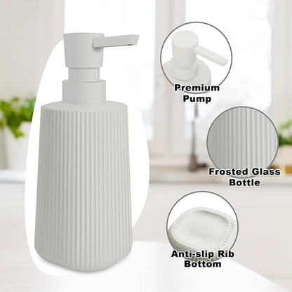 2 Pack Glass Small Soap Dispenser for Bathroom and Kitchen 250ml/8.5oz Dish Soap Dispenser Modern Farmhouse Striped Style Hand Soap Dish Soap Dispenser with Pump (Beige)