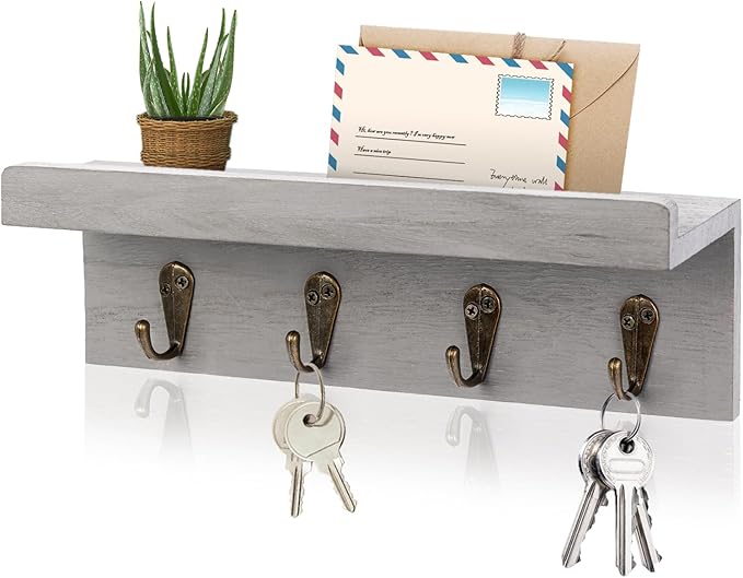 Rustic Key Holder for Wall, Farmhouse Wall Shelf with 4 Hooks, Wall Mounted Key Racks, Wooden Mail Organizer with Hooks for Entryway (Grey)