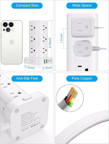Power Strip Tower with Wireless Charger, Flat Plug Surge Protector Tower with 15FT Extension Cord, 12 AC Multiple Outlets, 4 USB (2 USB C),15W Wireless Charging Power Tower for Home Office Dorm,White