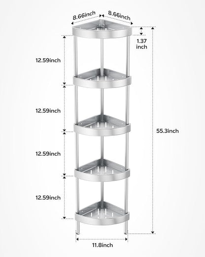 Nieifi Corner Shower Caddy Stand-5 Tier Rustproof Anodized Aluminum Standing Shower Organizer-Shower Caddy Corner-Dual Stability to Anti-Shaking-Height-Adjustable Legs for Uneven Surfaces-Silver